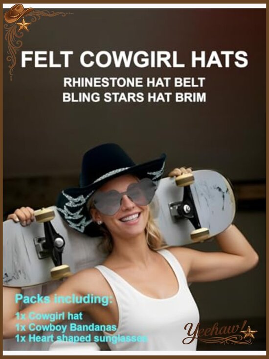 Sparkly Cowboy Hat with Rhinestone Belt & 6 Stars, Includes Sunglasses & main image 5